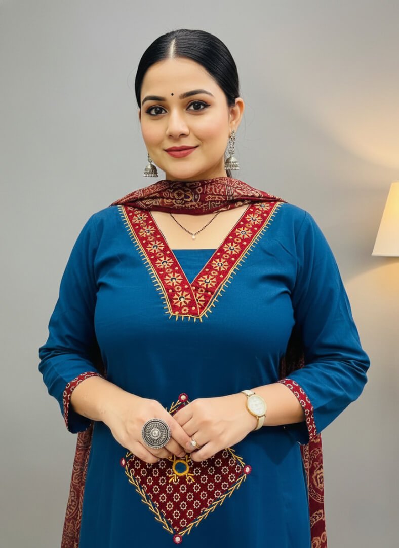 Feel the elegance with a blue cotton kurti with mirror work, paired with pants and a maroon printed dupatta. image 2