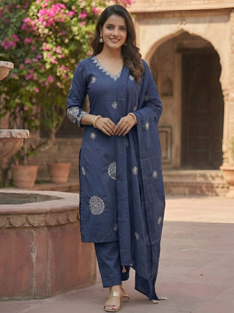 Enhance Your Shine with a Blue Cotton Embroidered Suit Set