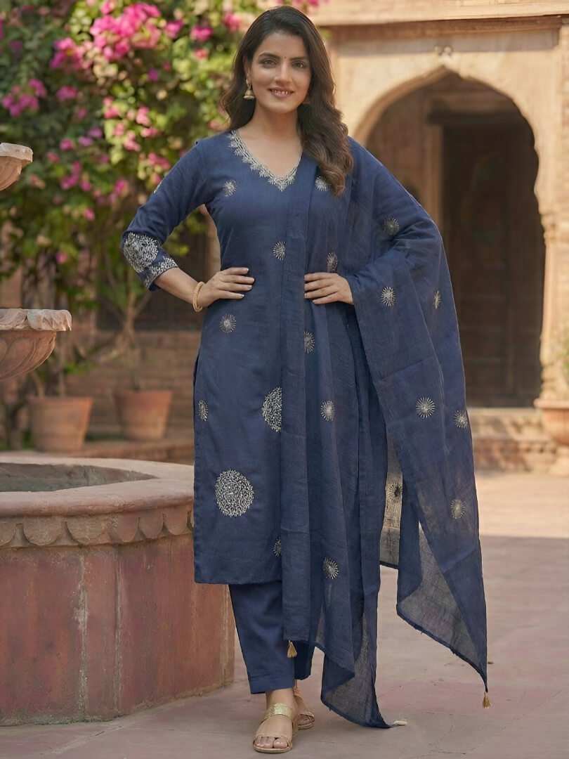 Enhance Your Shine with a Blue Cotton Embroidered Suit Set image 2