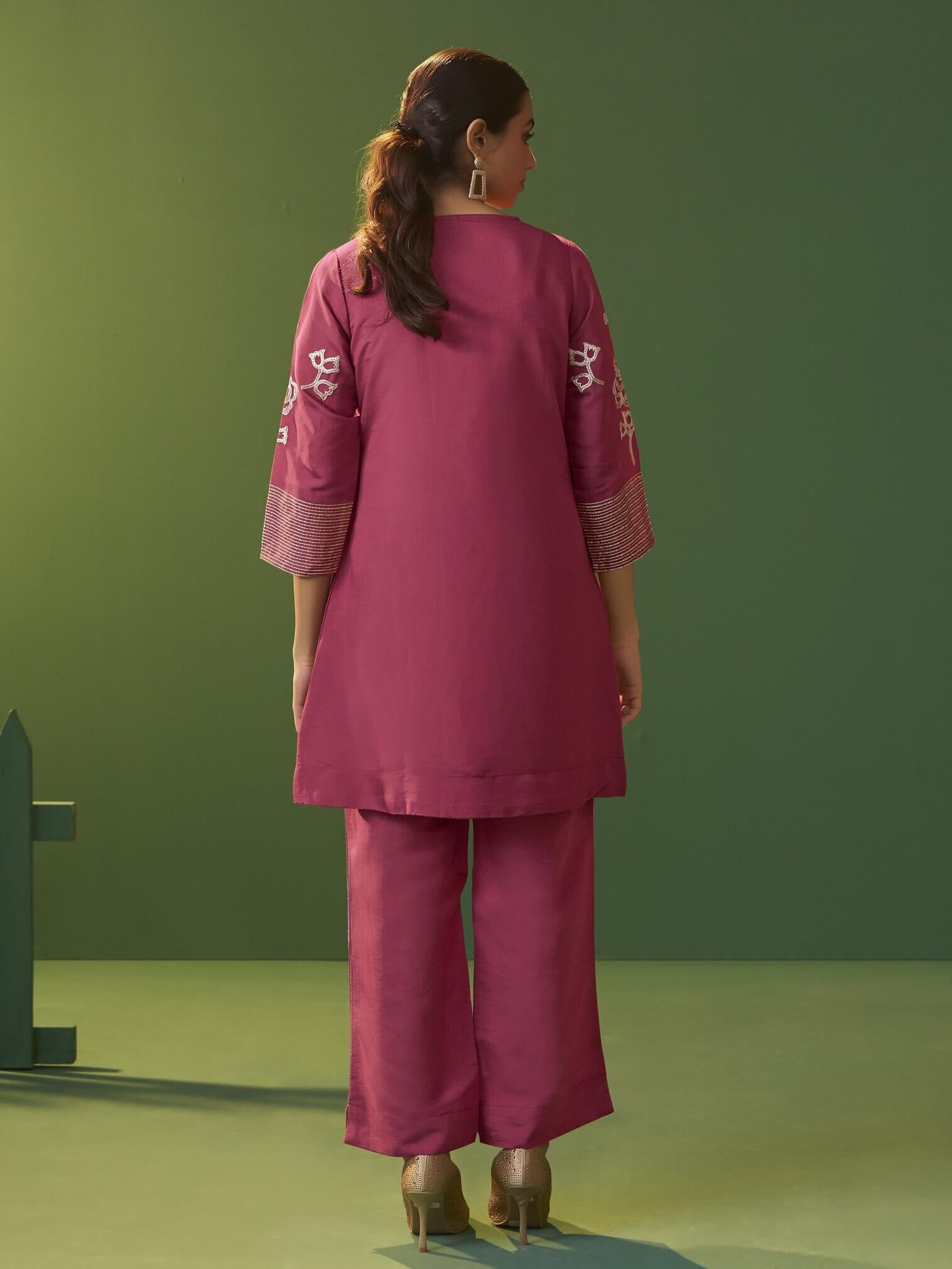 Boost your style with a bright pink embroidered Roman silk co-ord set. image 2