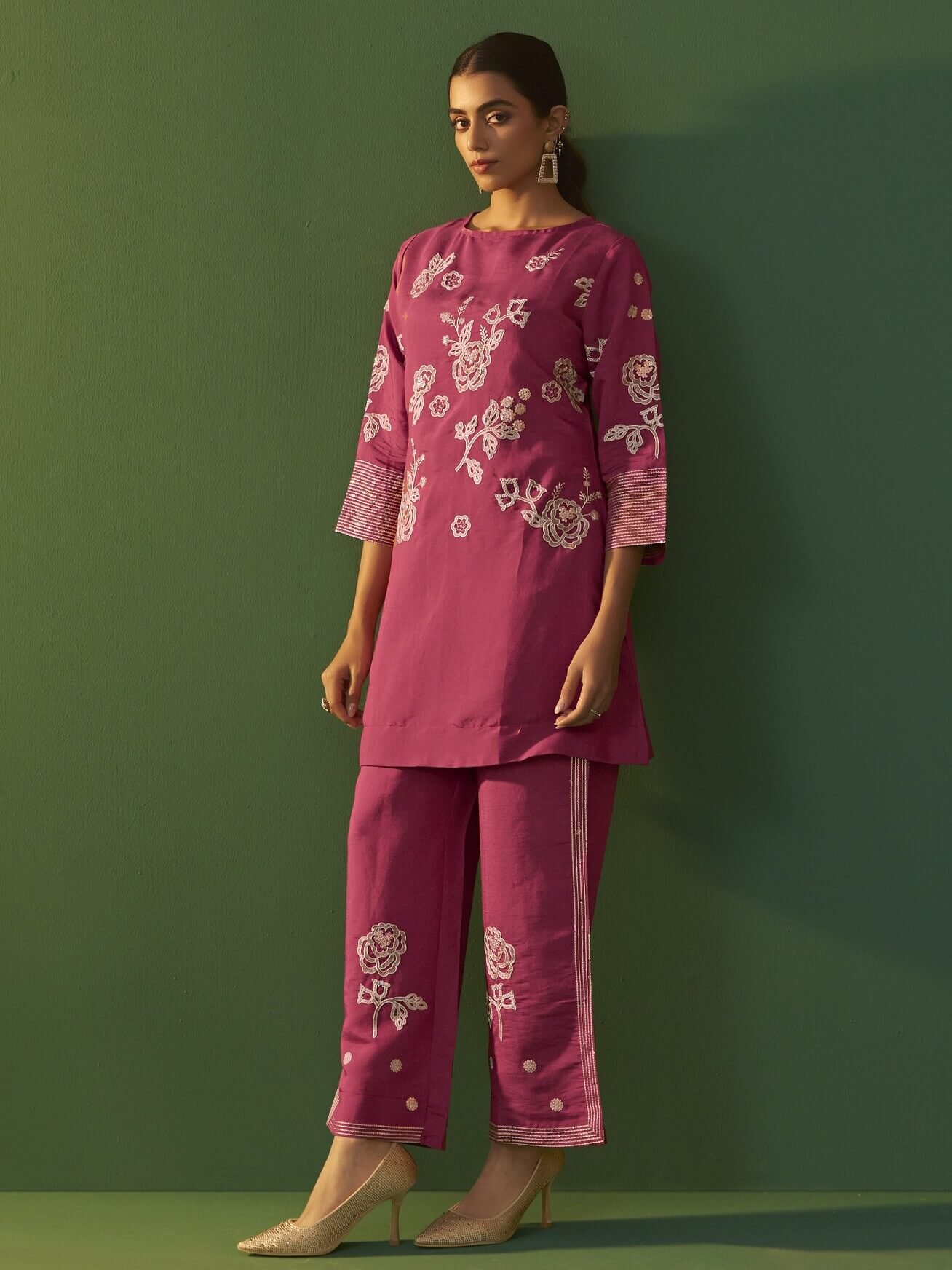 Boost your style with a bright pink embroidered Roman silk co-ord set. image 3