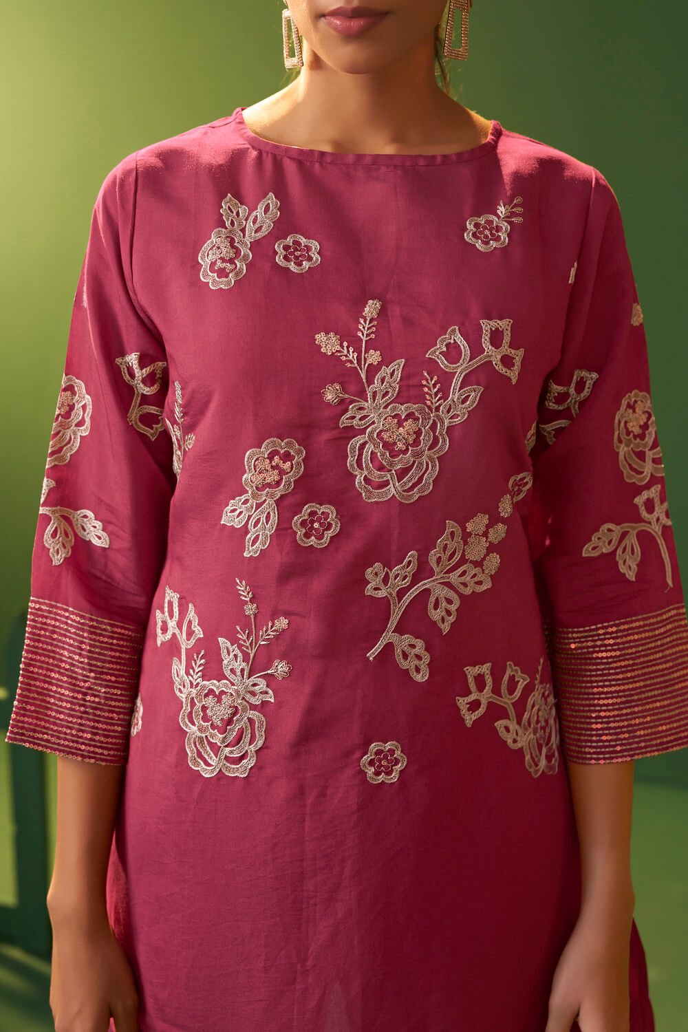 Boost your style with a bright pink embroidered Roman silk co-ord set. image 4