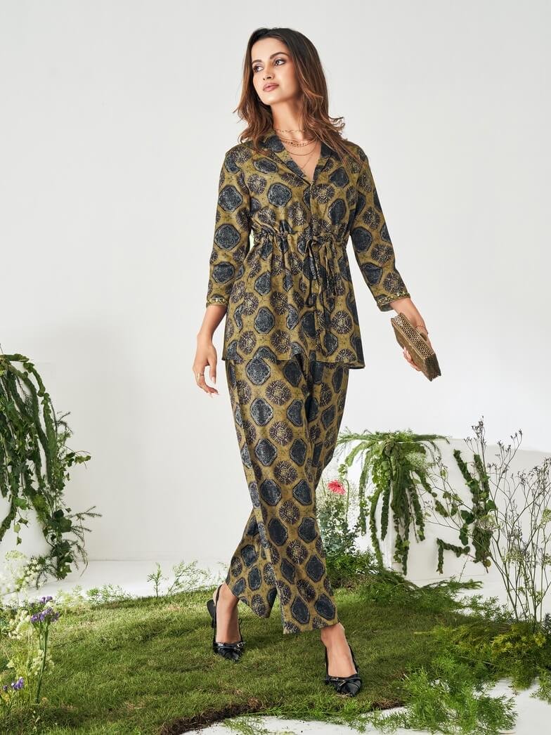 Shine in Style with Brown Ethnic Print Co-Ord Set image 2