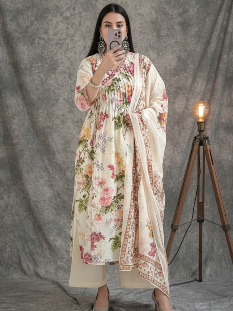 Brighten Your Look with a Multicolor Cotton Angaraka Style Floral Suit Set