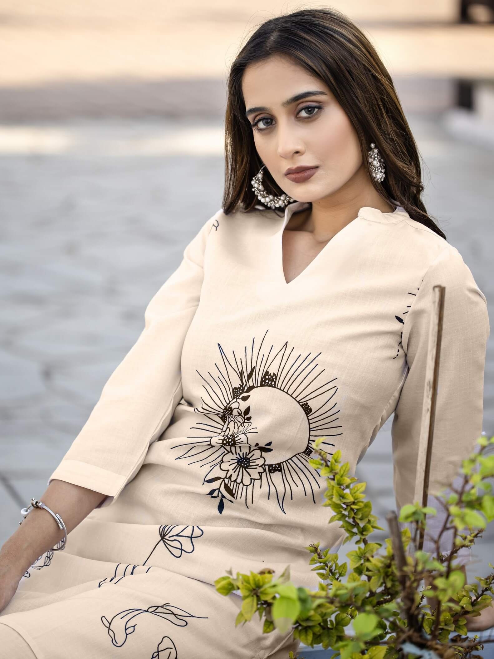 Improve Your Style with a Cream Cotton Blend Printed Two-Piece Set image 4