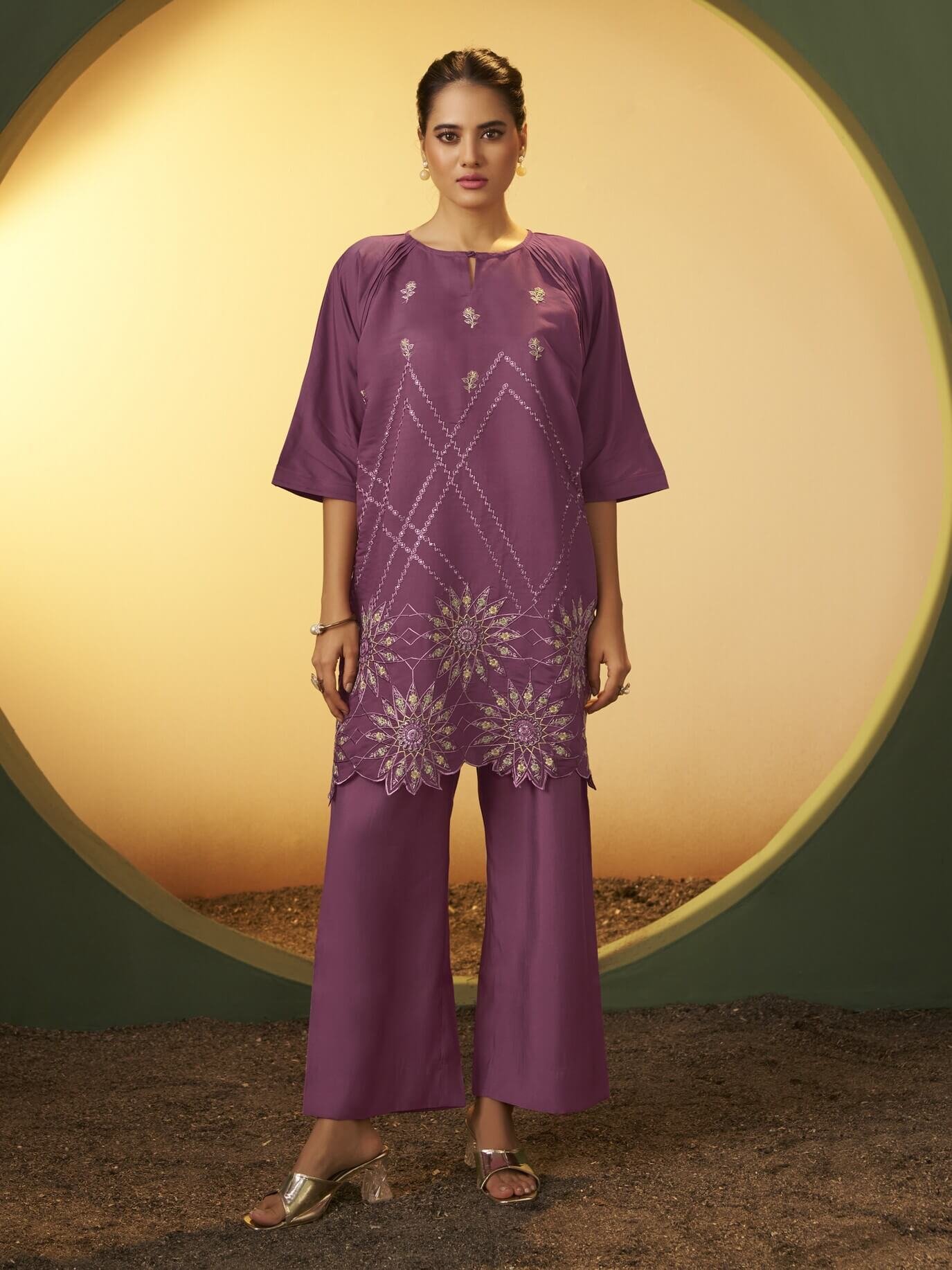 Feel fabulous in a dusty pink Roman silk set with beautiful embroidery.