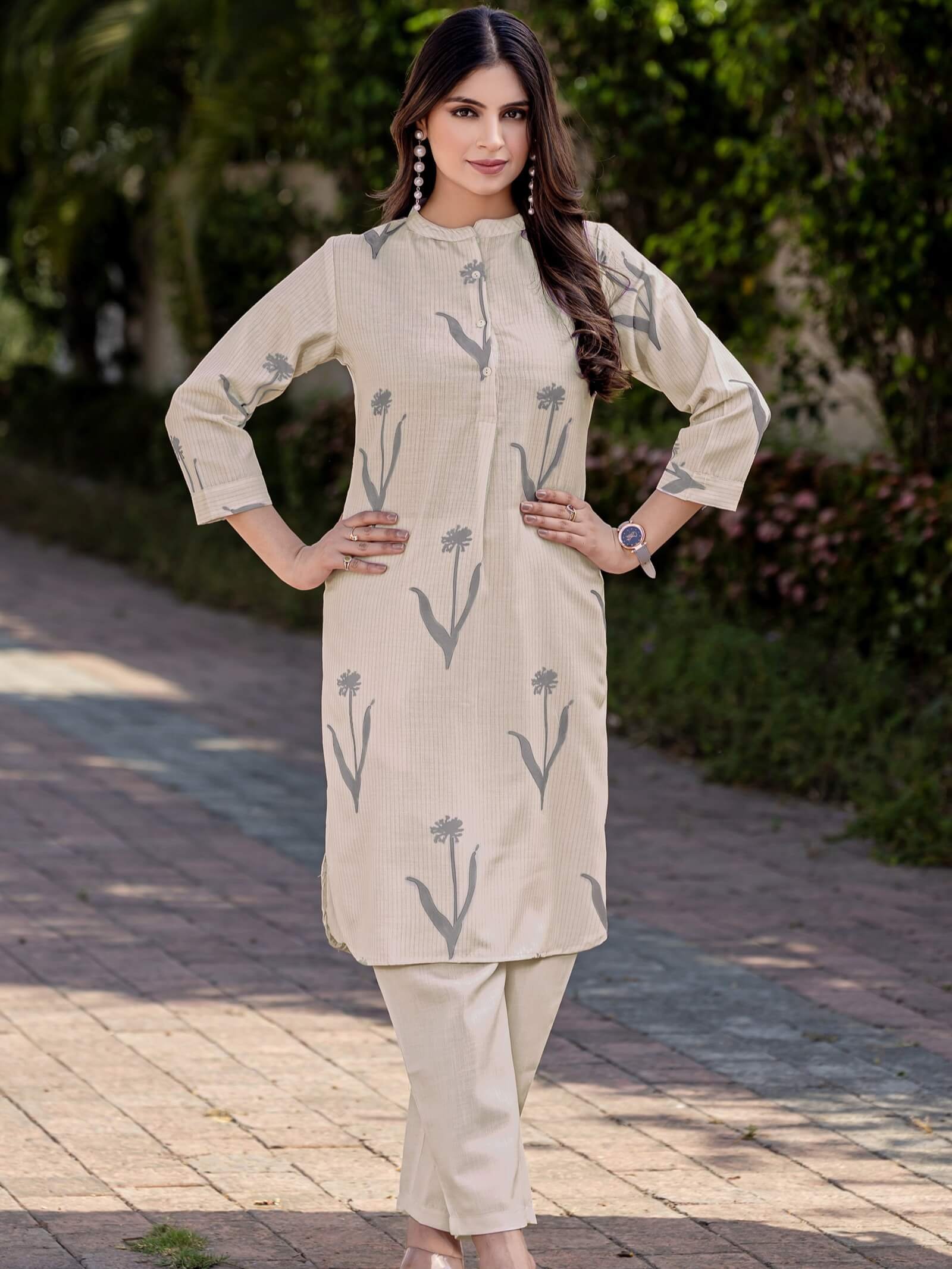 Stylish and Smooth Light Grey Cotton Blend Printed Matching Set