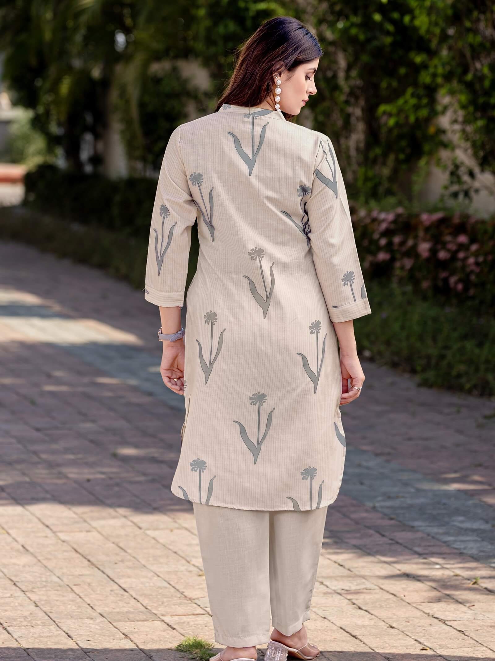 Stylish and Smooth Light Grey Cotton Blend Printed Matching Set image 2