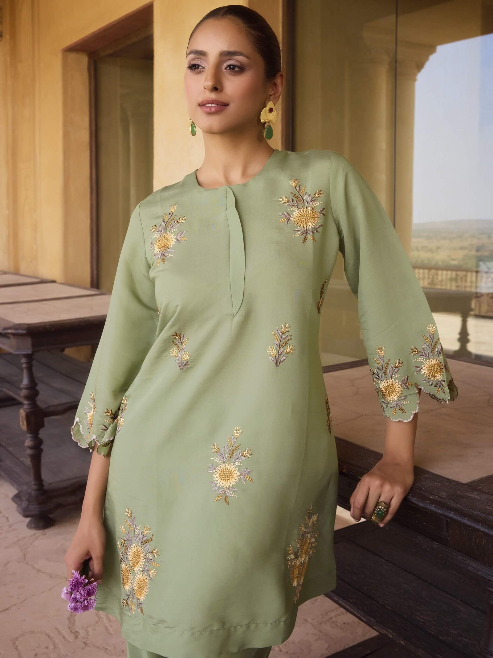 Improve Your Style with a Green Roman Silk Set with Embroidery image 3