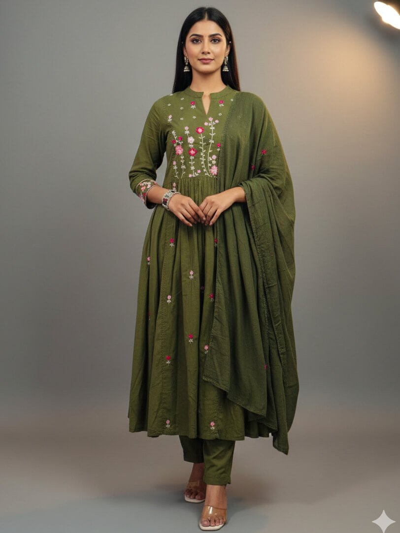 Enjoy the elegance of a green cotton kurti with embroidery, paired with pants and a soft mulmul dupatta.