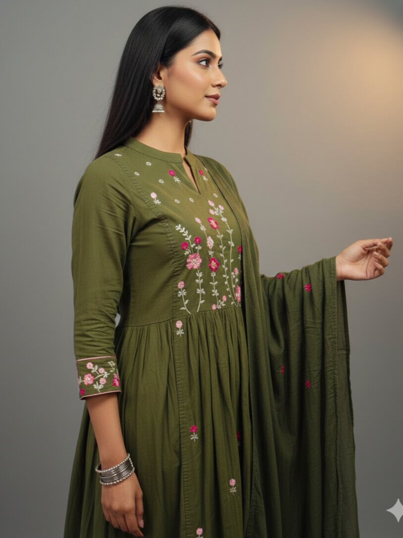 Enjoy the elegance of a green cotton kurti with embroidery, paired with pants and a soft mulmul dupatta. image 2