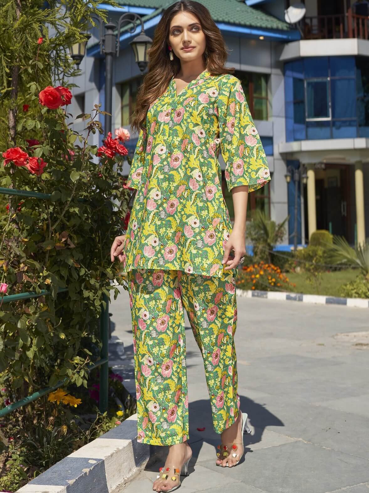 Wear Elegance with a Green Printed Cotton Matching Outfit
