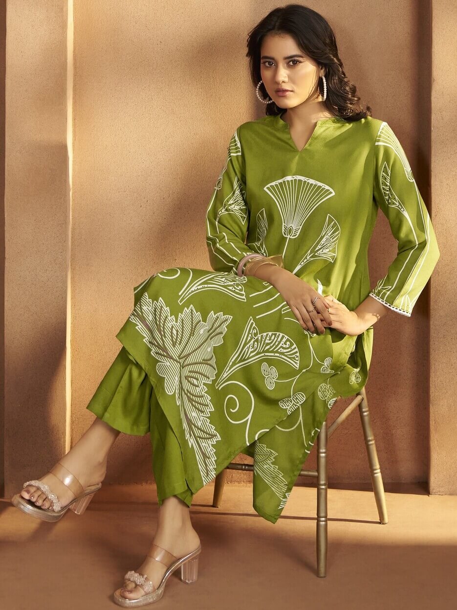 Look Stylish with a Green Printed Viscose Rayon Matching Set image 3