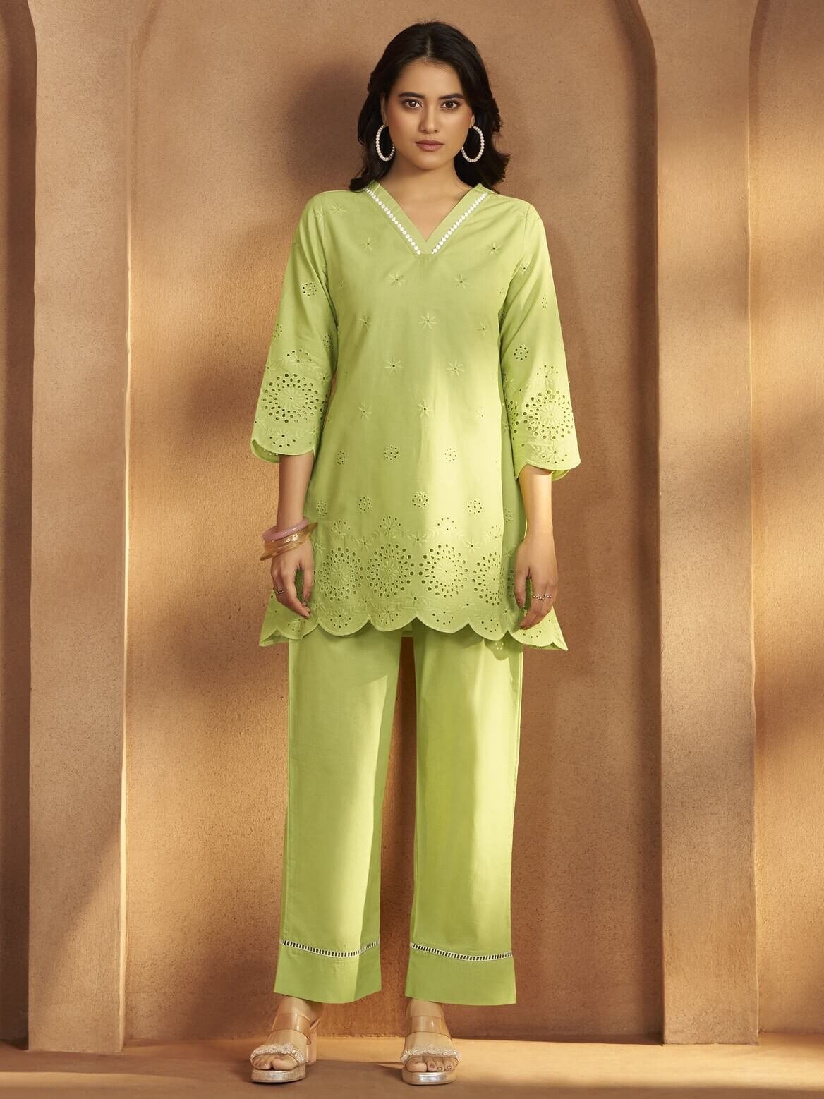 Add Some Style with the Green Floral Schiffli Cotton Co-Ord Set