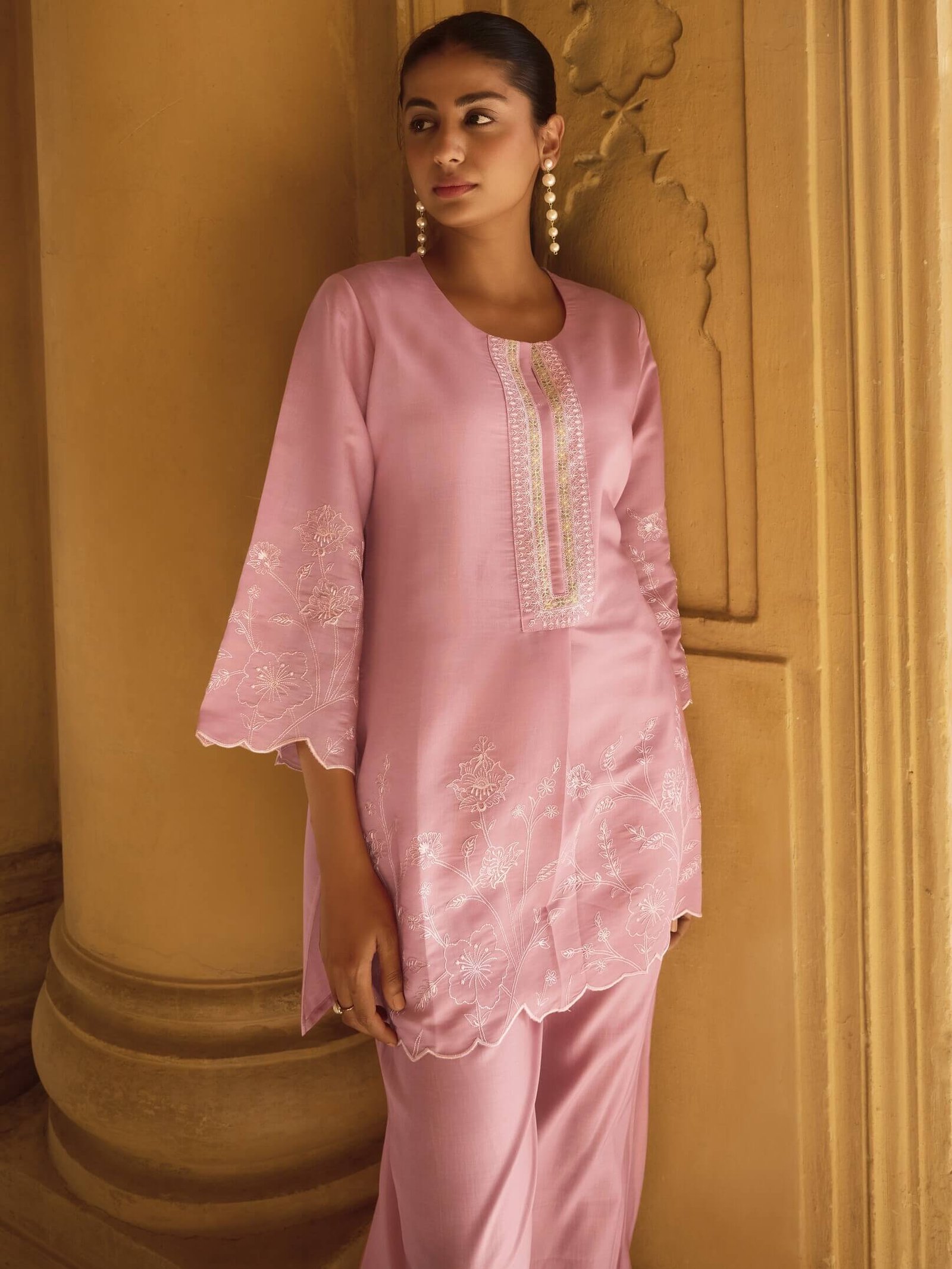Brighten Your Look with a Light Pink Embroidered Roman Silk Outfit Set image 3