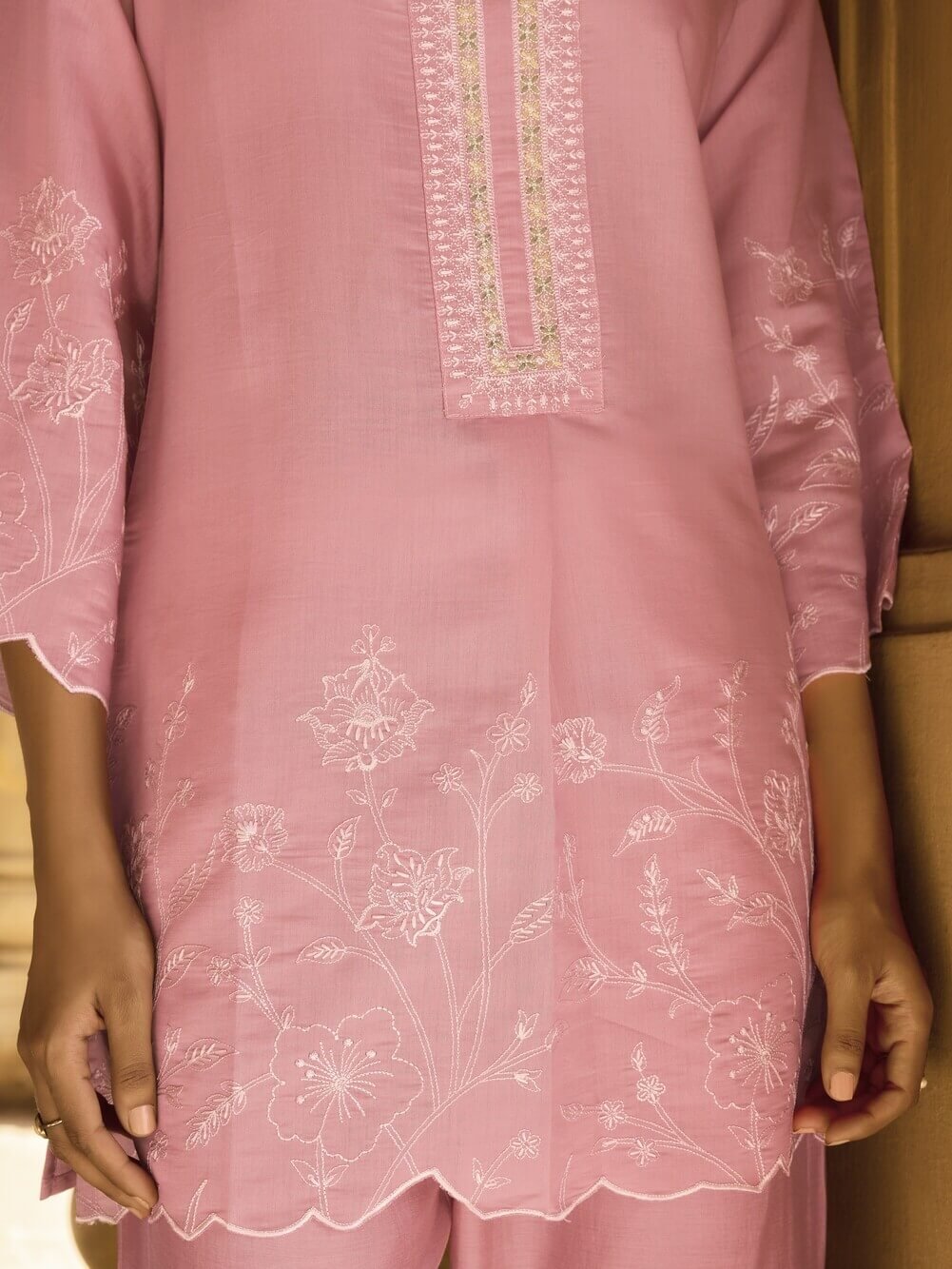 Brighten Your Look with a Light Pink Embroidered Roman Silk Outfit Set image 4