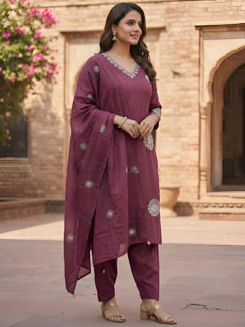 Look Stylish with the Wine Cotton Embroidered Suit Set image 2
