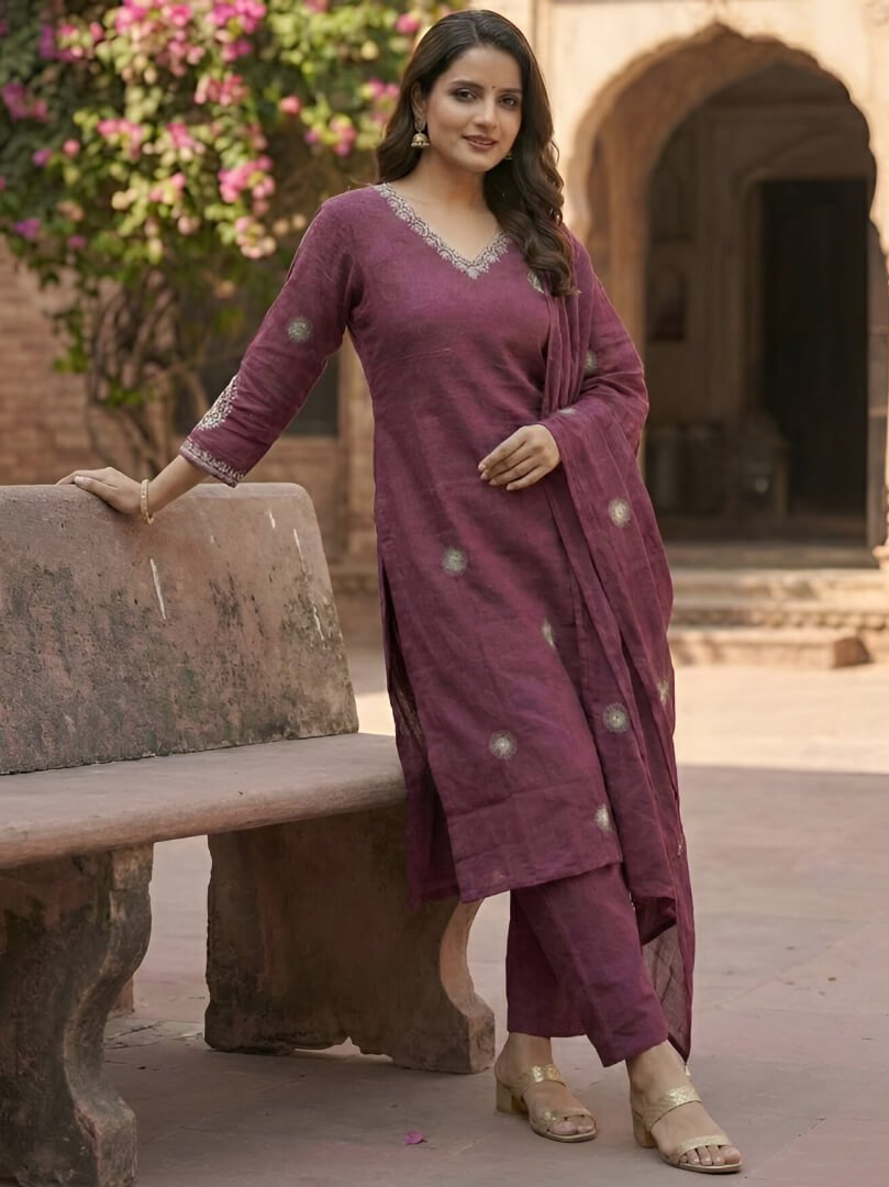 Look Stylish with the Wine Cotton Embroidered Suit Set image 3