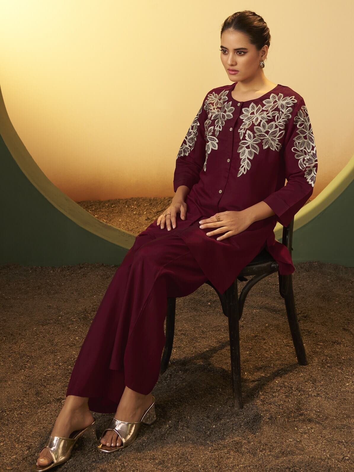 Step into style with the maroon embroidered Roman silk co-ord set. image 3