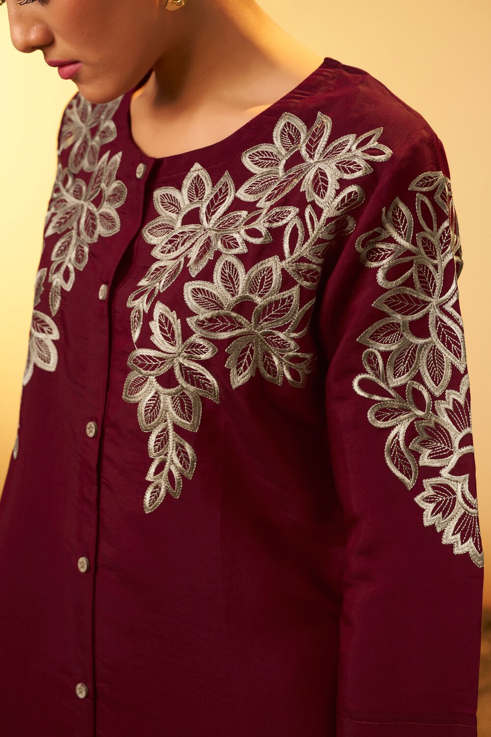 Step into style with the maroon embroidered Roman silk co-ord set. image 4