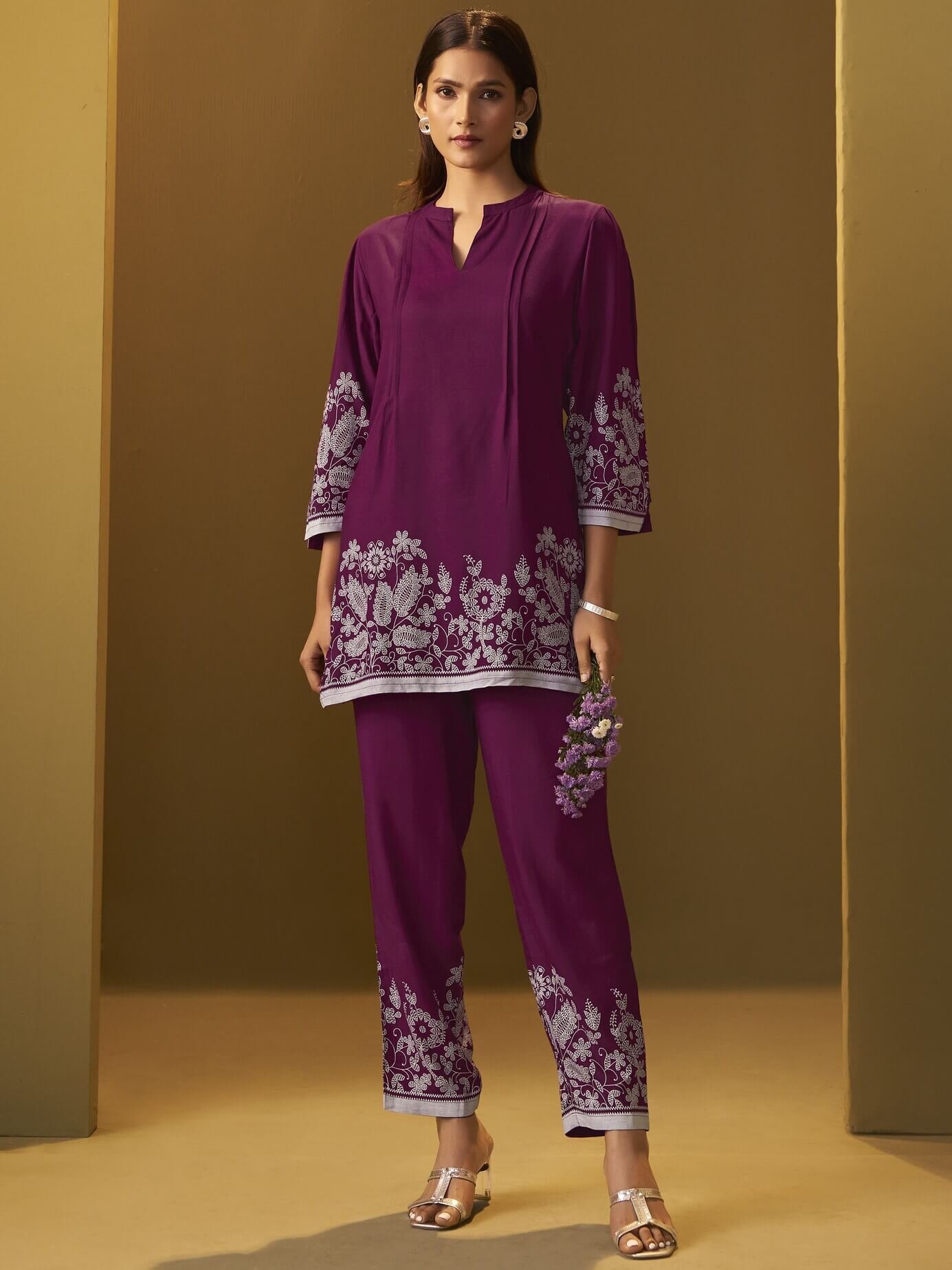 Look Stylish with the Plum Floral Printed Rayon Co-Ord Set