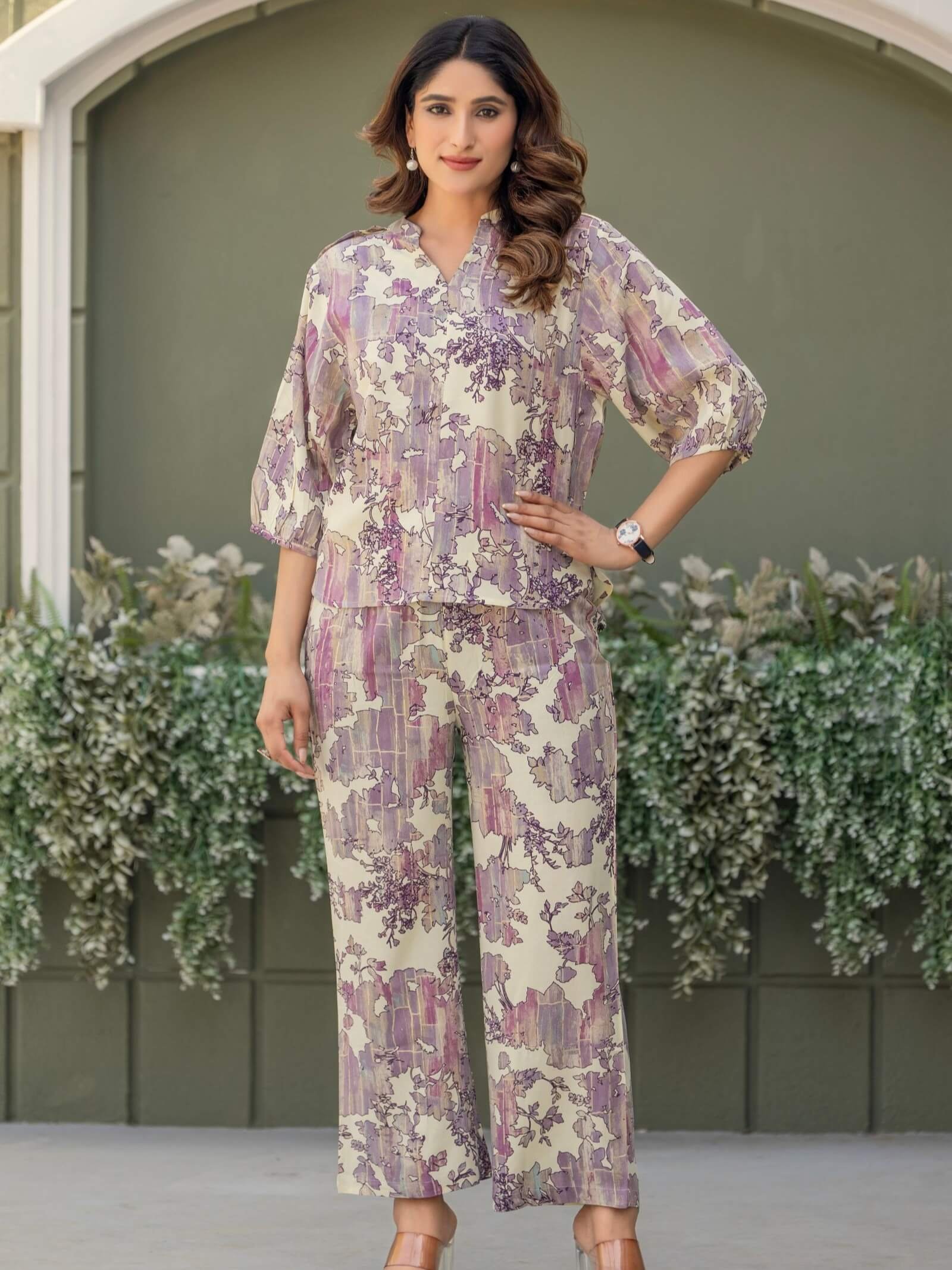 Feel Elegant in a Multicolor and Rust Foil Printed Viscose Rayon Co-Ord Set