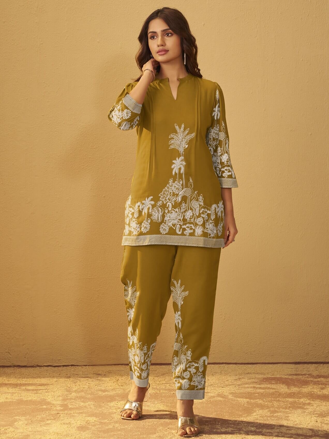 Step into style with the Mustard Printed Rayon Co-Ord Set.