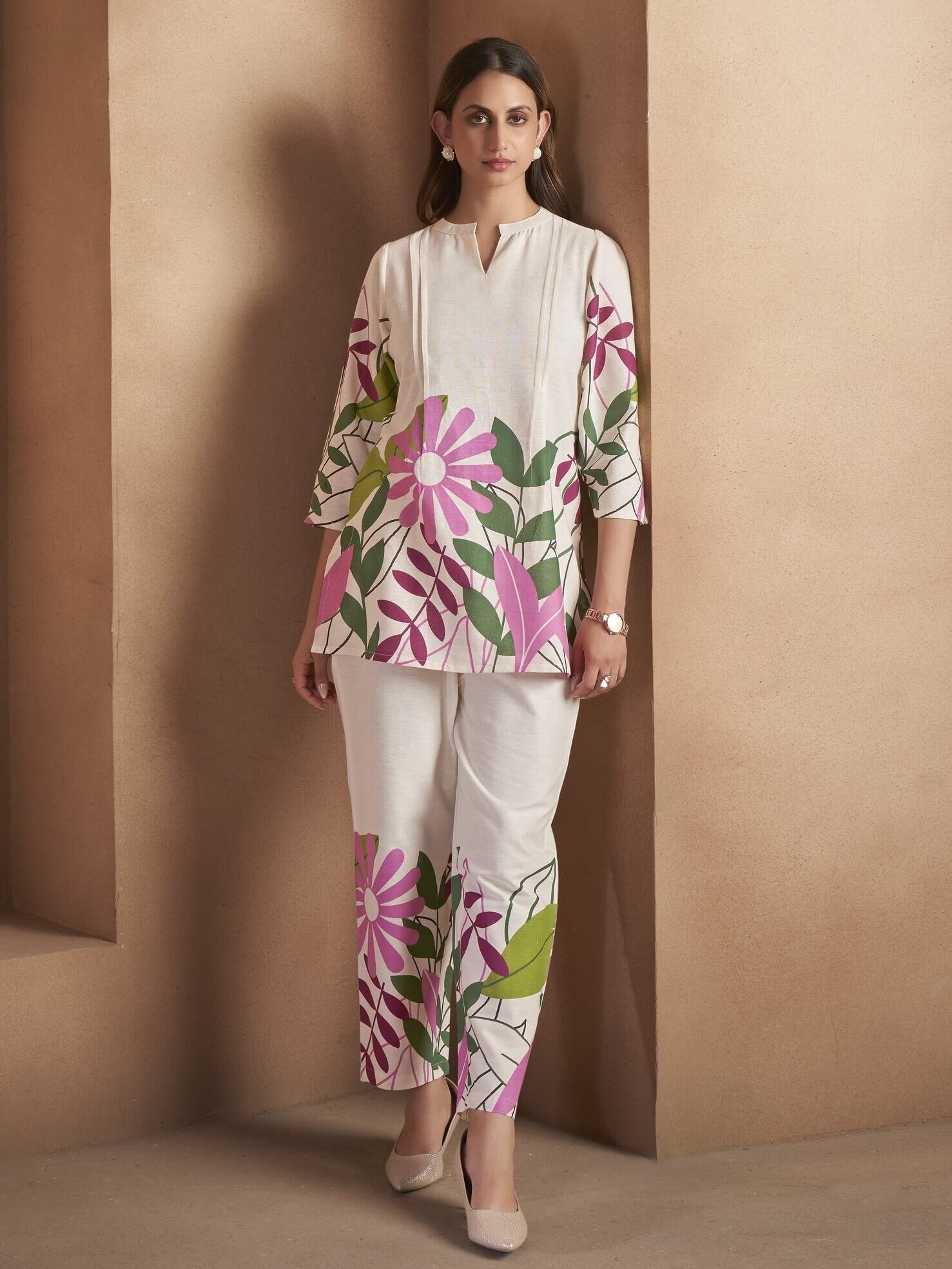 Look Stylish with Off-White Cotton Floral Print Co-Ord Set