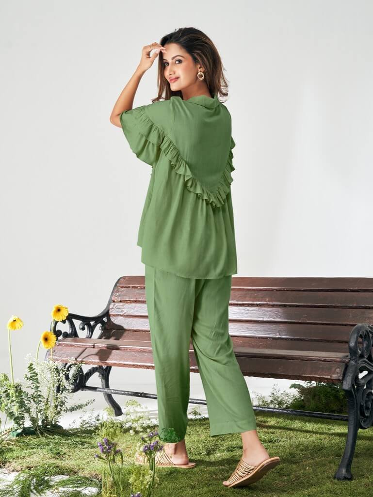 Feel fabulous in the Olive Green Ruffle Top and Bottom Set made from soft viscose rayon fabric. image 2