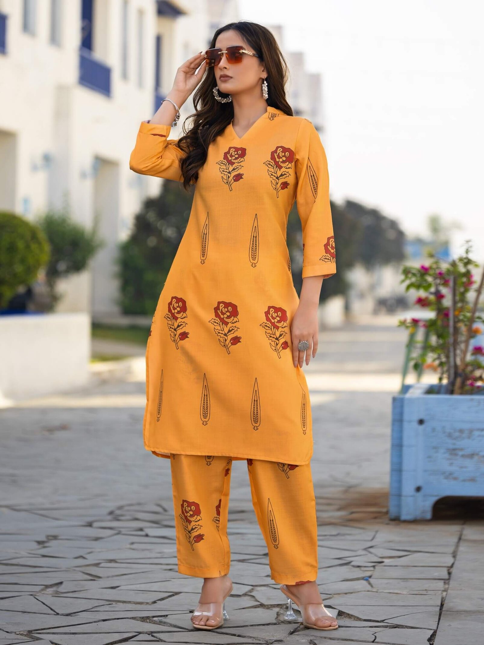 Shine Bright with Orange Printed Cotton Blend Two-Piece Set