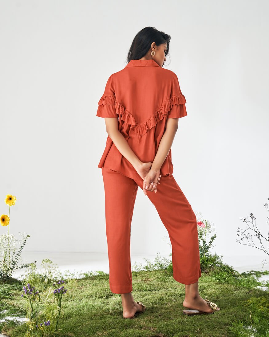Get Stylish with the Orange Viscose Rayon Slub Solid Ruffle Top and Matching Set image 2