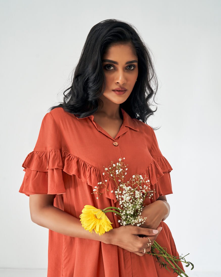 Get Stylish with the Orange Viscose Rayon Slub Solid Ruffle Top and Matching Set image 4