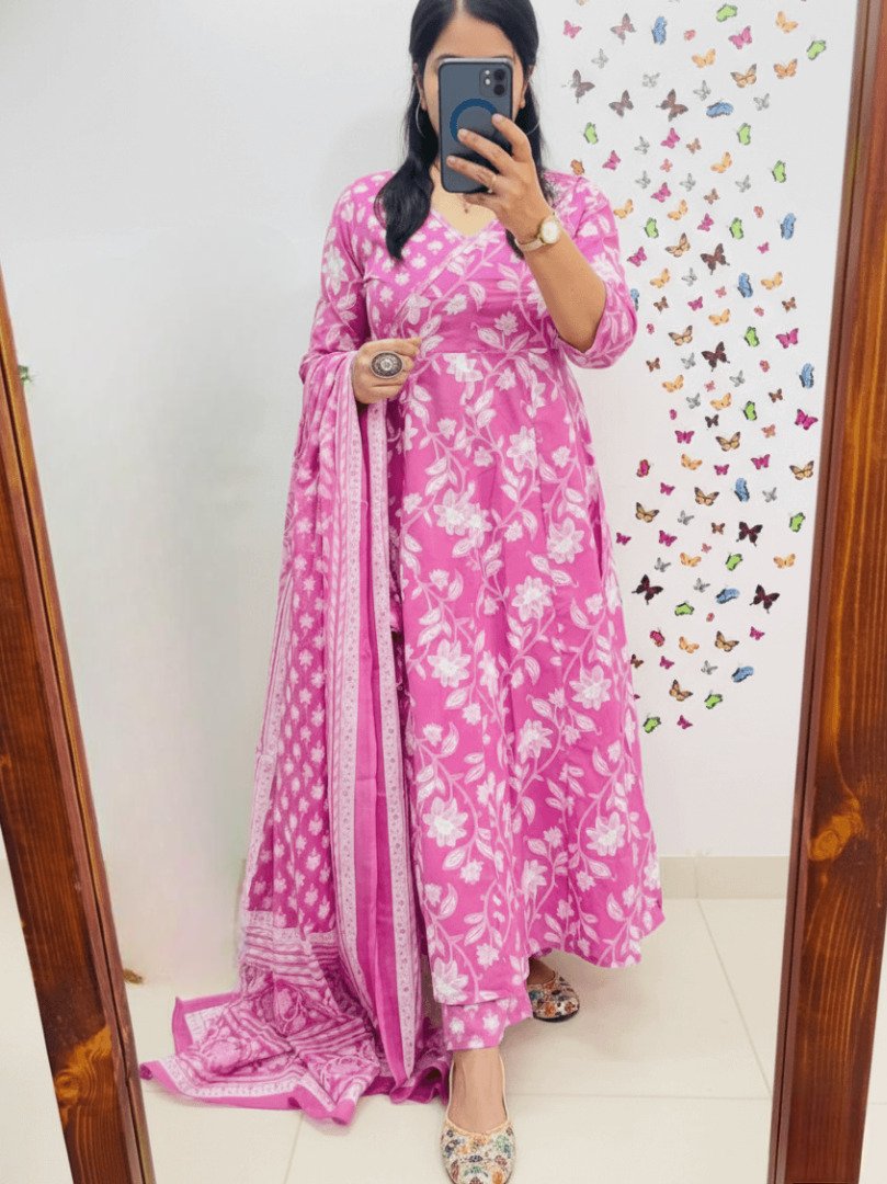 Experience the elegance with the Pink Cotton Anarkali Angrakha Style Kurti and Pant Set.