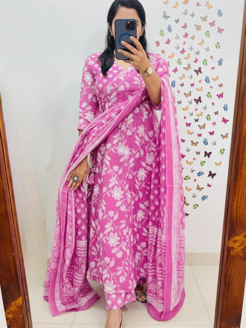 Experience the elegance with the Pink Cotton Anarkali Angrakha Style Kurti and Pant Set. image 2