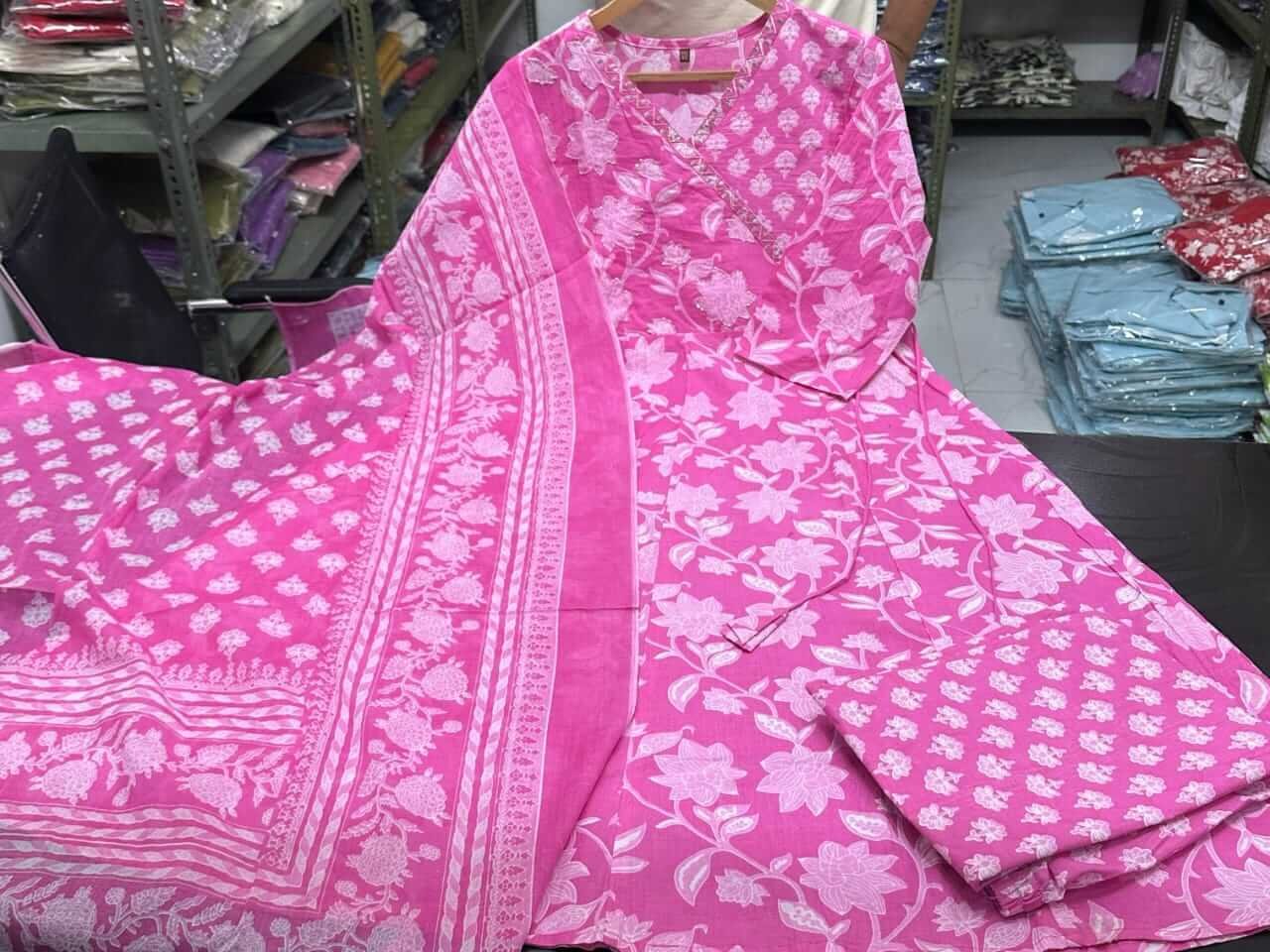 Experience the elegance with the Pink Cotton Anarkali Angrakha Style Kurti and Pant Set. image 3