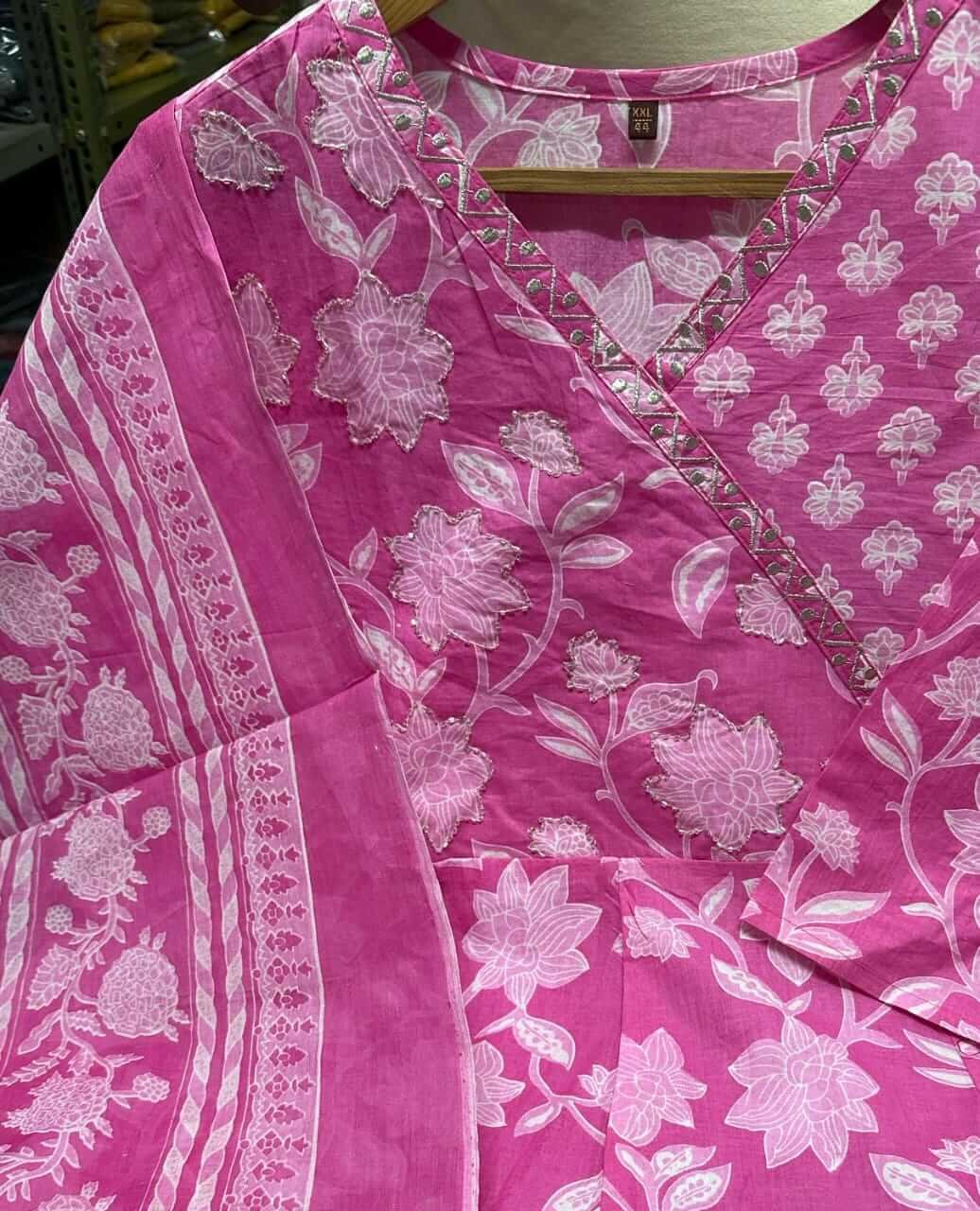 Experience the elegance with the Pink Cotton Anarkali Angrakha Style Kurti and Pant Set. image 4
