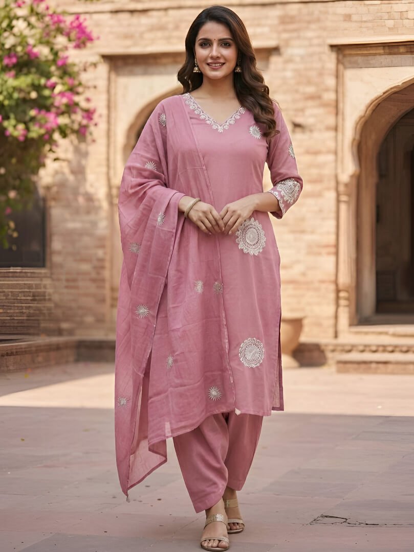 Enhance your shine with the Pink Cotton Kurta, Pants, and Dupatta Set with embroidery.