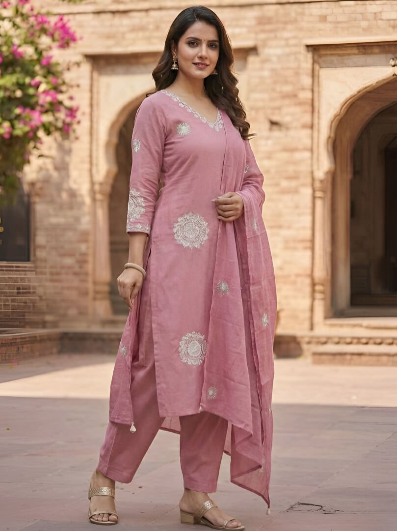 Enhance your shine with the Pink Cotton Kurta, Pants, and Dupatta Set with embroidery. image 2