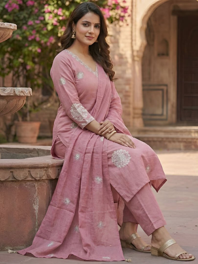 Enhance your shine with the Pink Cotton Kurta, Pants, and Dupatta Set with embroidery. image 3