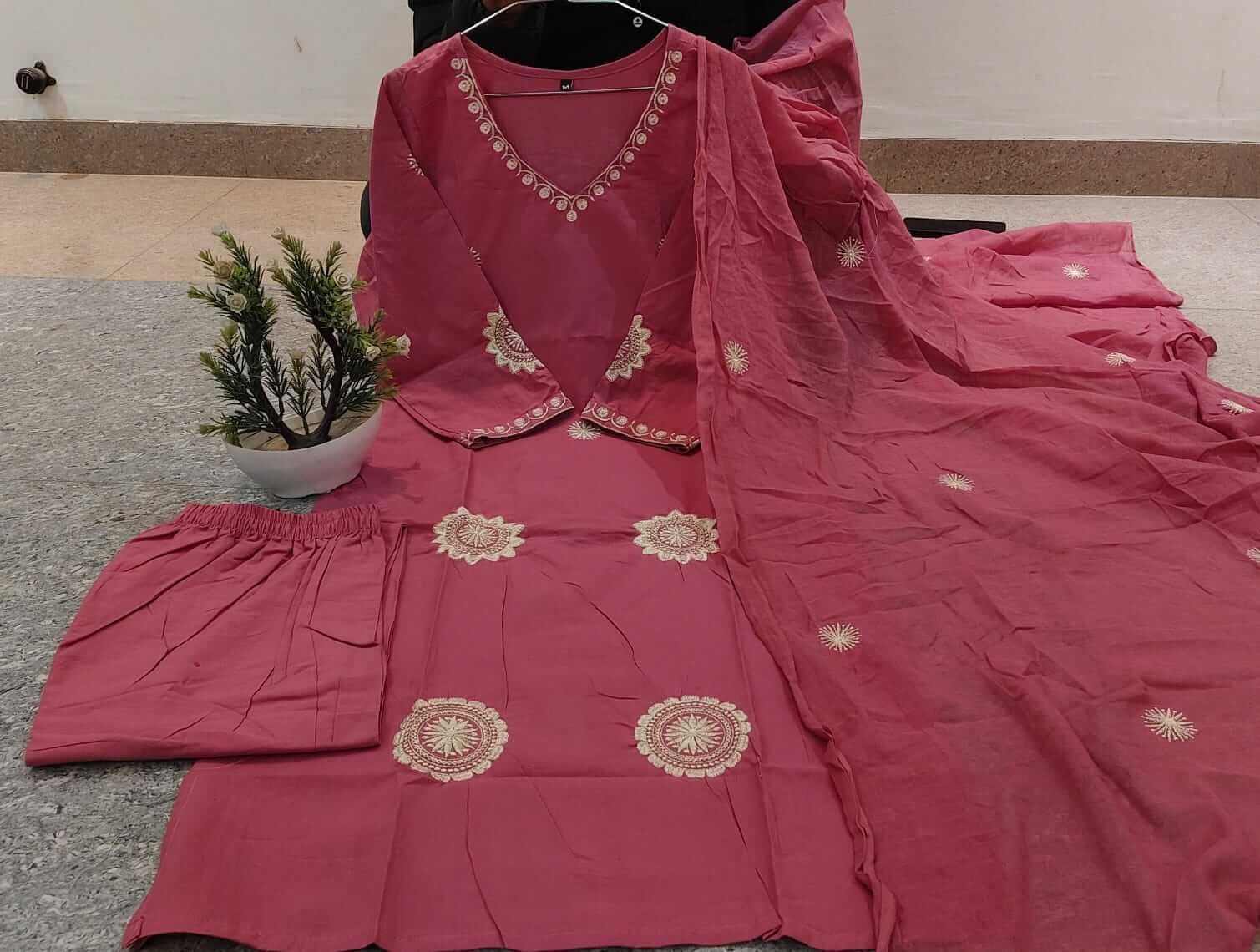Enhance your shine with the Pink Cotton Kurta, Pants, and Dupatta Set with embroidery. image 4