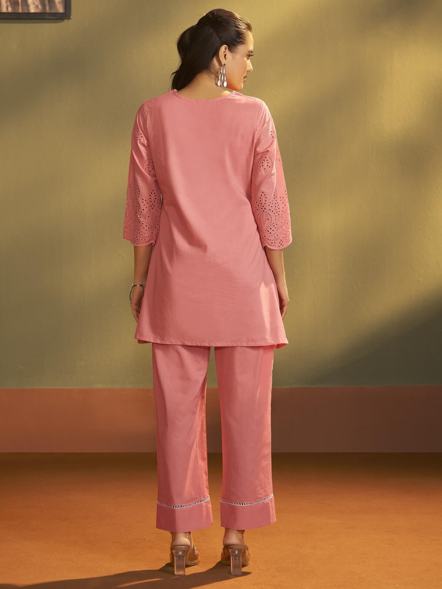 Look Stylish with the Pink Floral Schiffli Cotton Set image 2