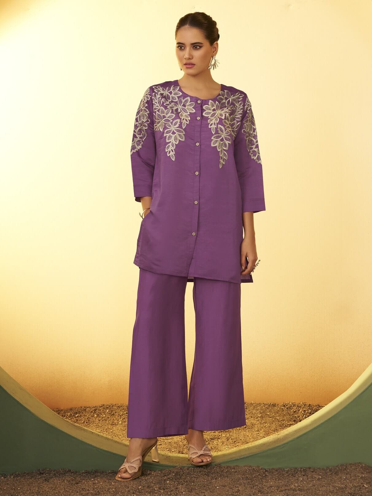 Brighten Your Look with a Purple Roman Silk Co-Ord Set with Embroidery