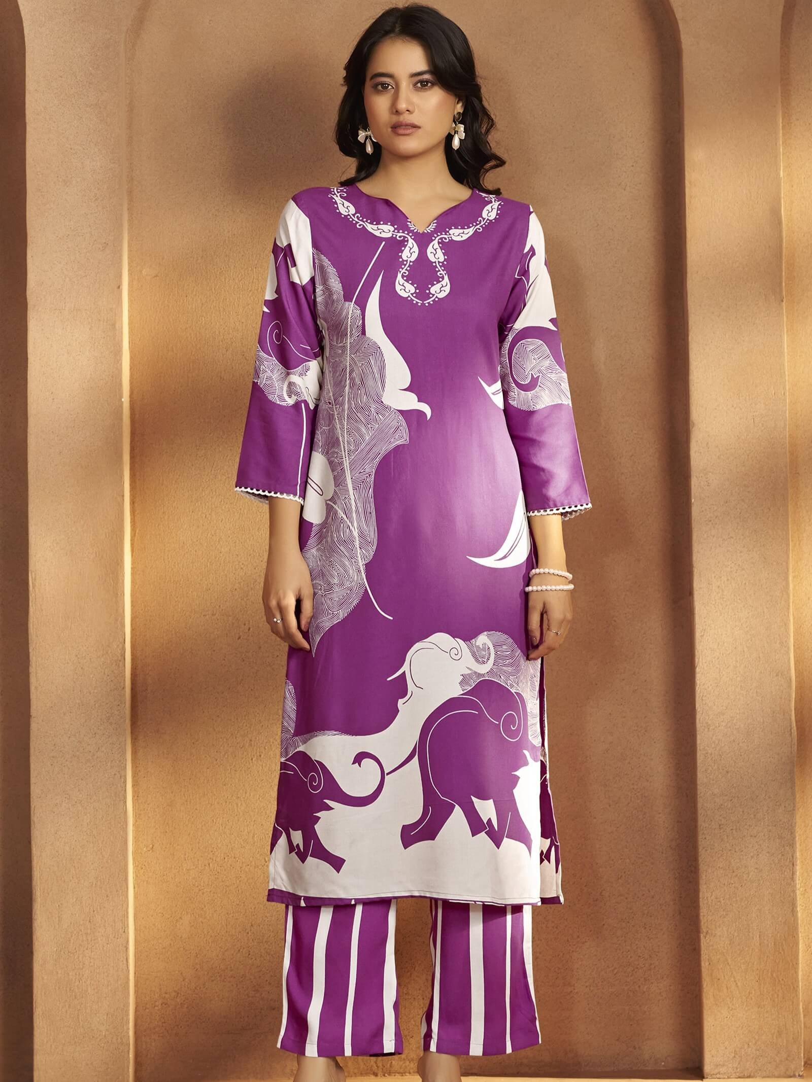 Look Stylish with a Purple Printed Viscose Rayon Co-Ord Set