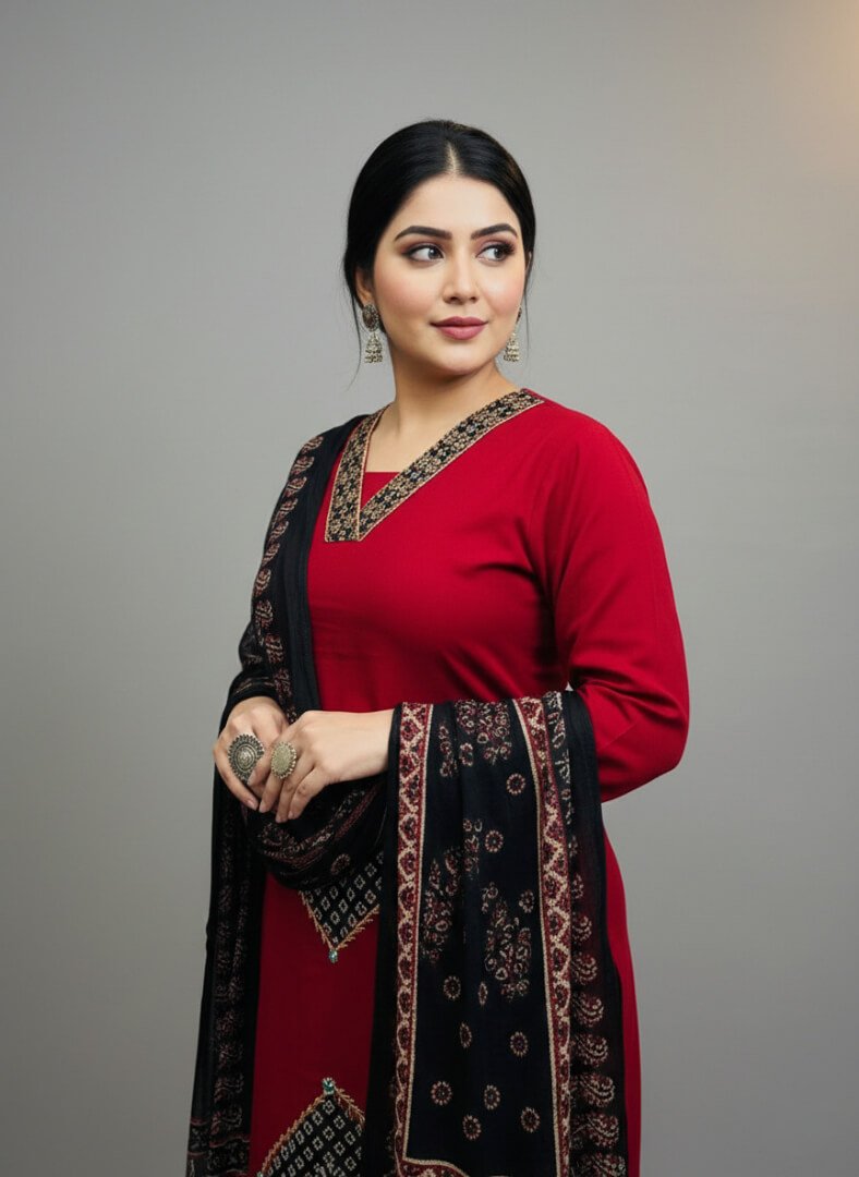 Brighten your look with a red cotton kurti with mirror work, paired with pants and a black printed dupatta. image 2
