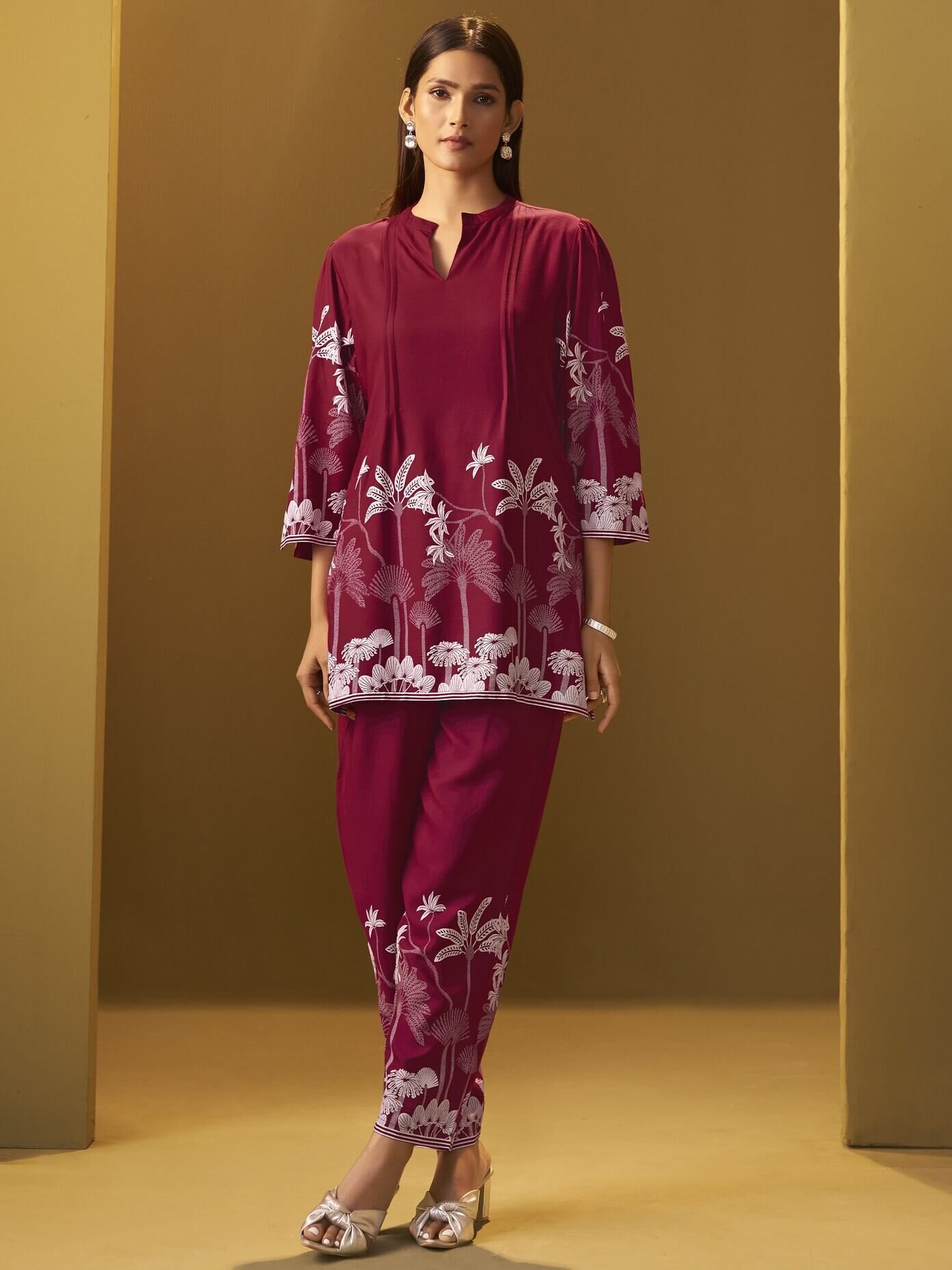 Look fabulous in a red printed rayon co-ord set!