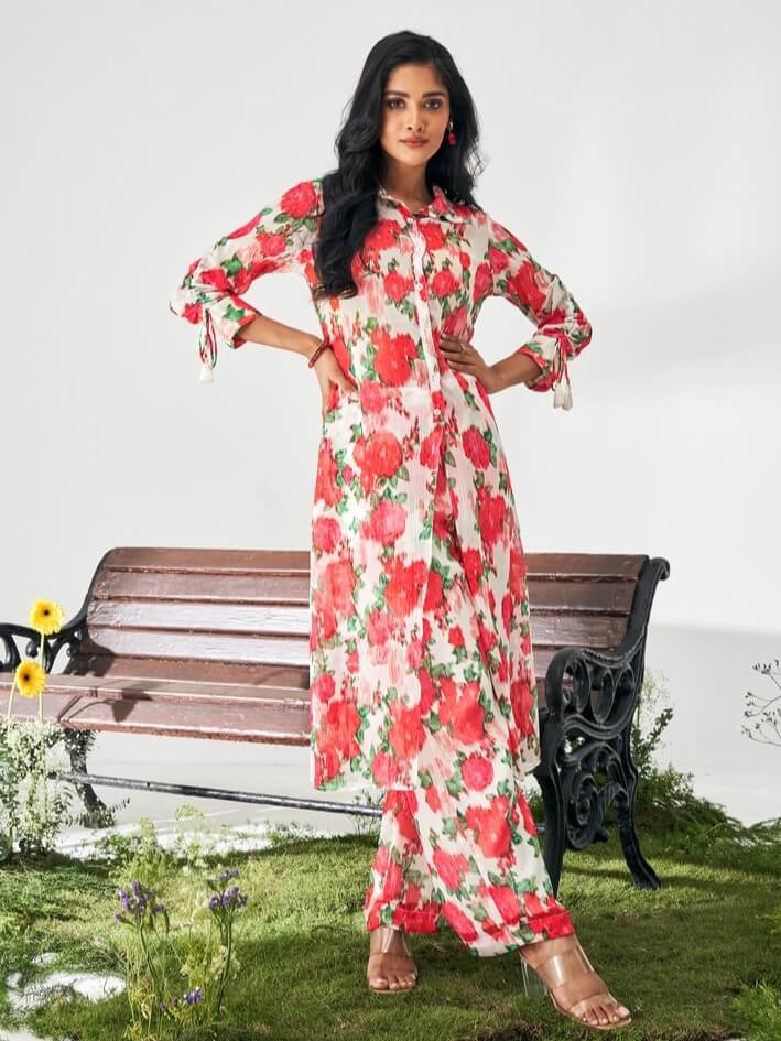Brighten your look with the Rose Red Floral Print Poly Chiffon Co-Ord Set. image 2