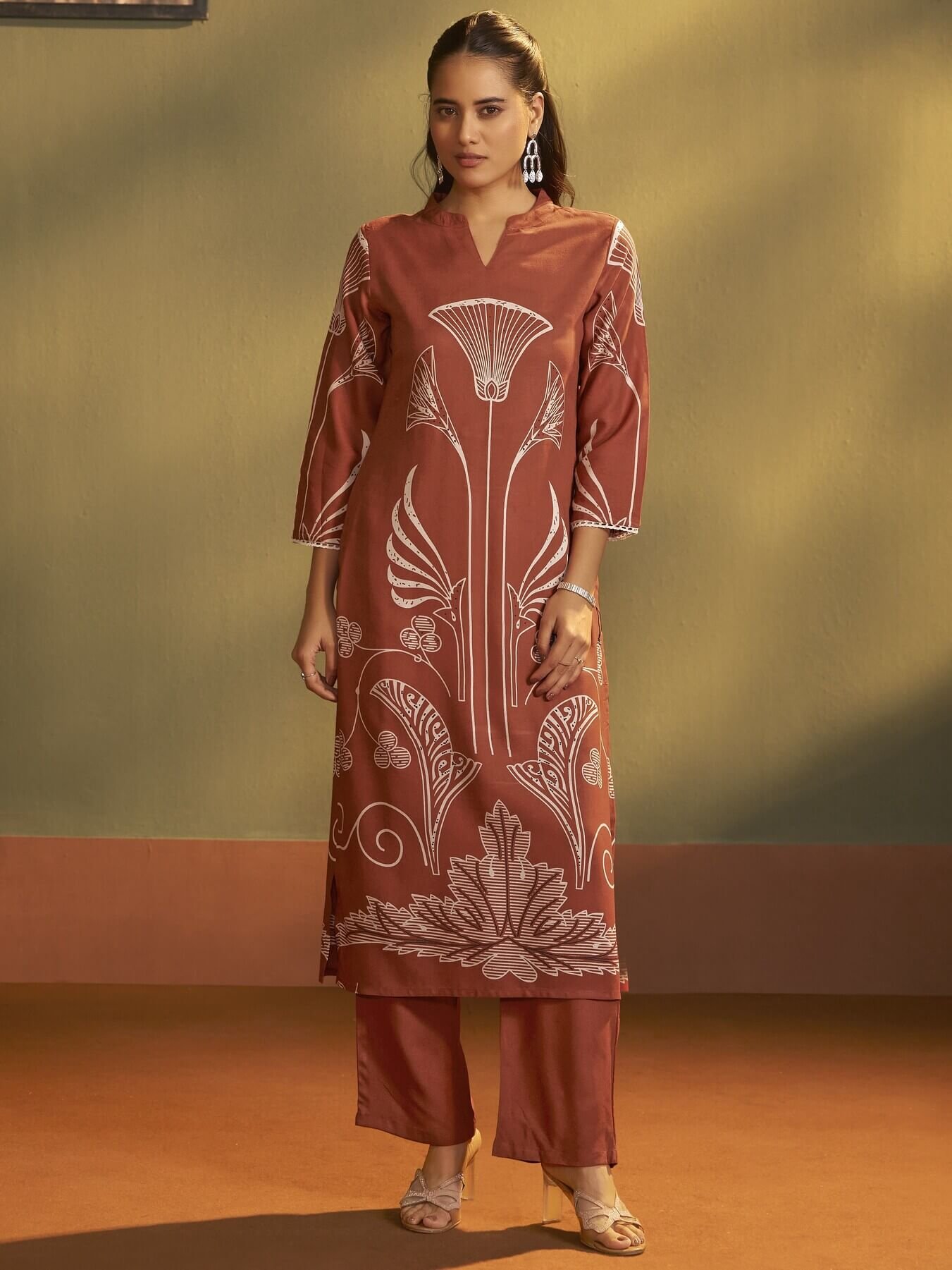 Look Stylish with Rust Printed Viscose Rayon Co-Ord Set