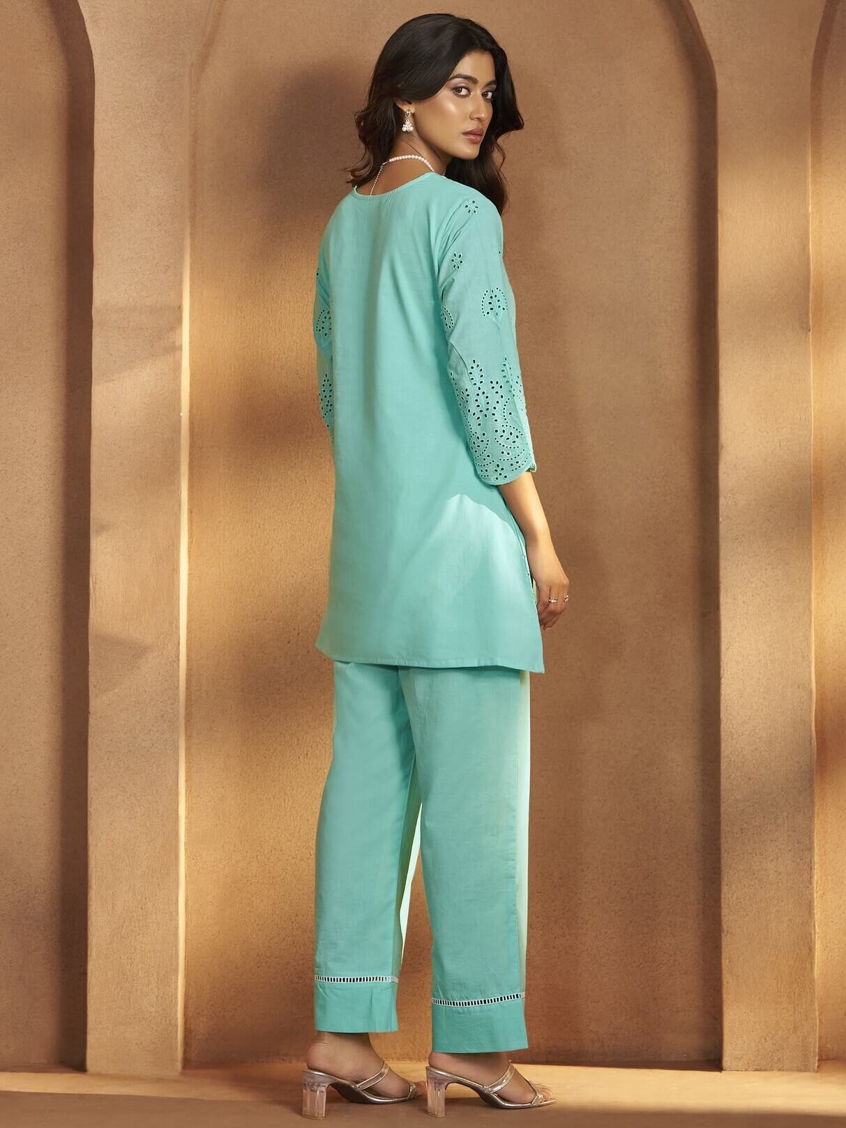 Experience the beauty of the Aqua Blue Floral Schiffli Cotton Co-Ord Set. image 2