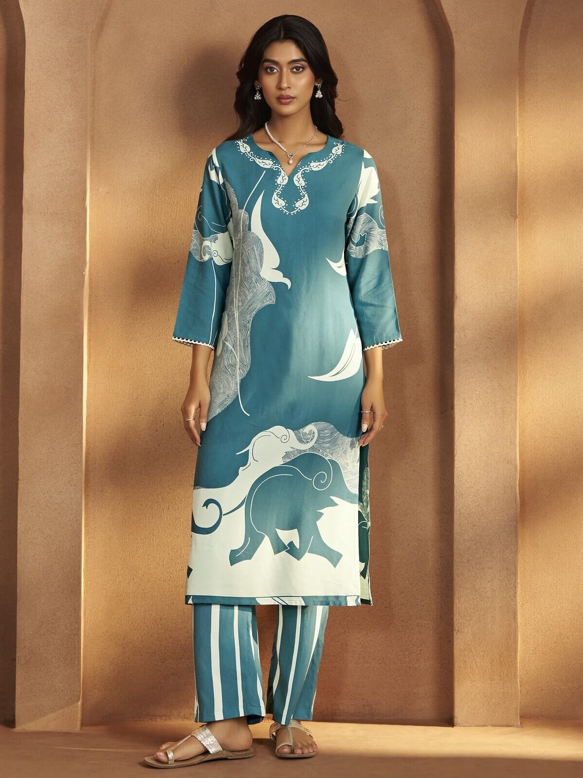 Feel Stylish and Comfortable in a Turquoise Printed Viscose Rayon Co-Ord Set
