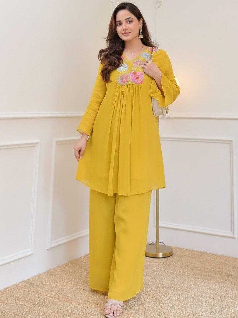 Put on your style with a yellow cotton embroidered matching set.